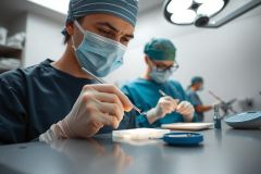 Medical professionals in scrubs and masks perform a lab procedure. Focus on hands, tools, and equipment. Sterile environment, blue and white color scheme. Research, science, and healthcare theme.