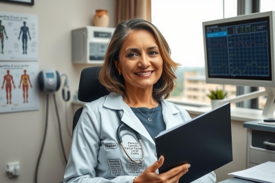 Smiling female doctor in a medical office, wearing white lab coat and stethoscope, surrounded by medical equipment like an EKG machine.