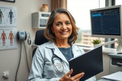 Smiling female doctor in a medical office, wearing white lab coat and stethoscope, surrounded by medical equipment like an EKG machine.