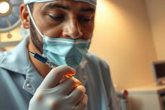Doctor in surgical scrubs and mask holding a syringe. Healthcare professional in an operating room setting, likely preparing for a medical procedure. Focus on precision and sterile environment.
