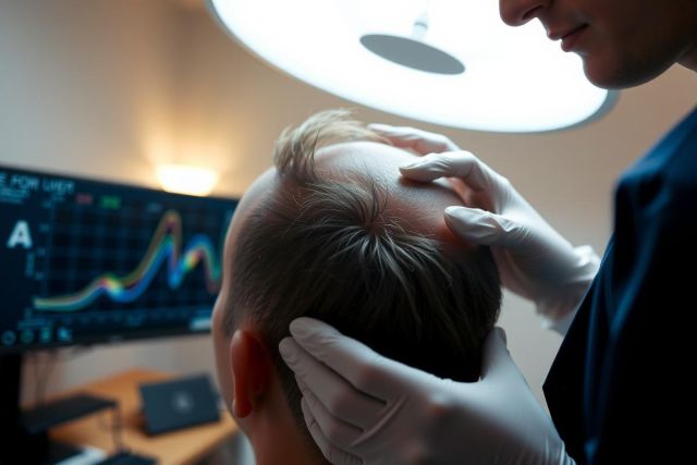 Doctor examines a patient's head with a focused expression, lit by bright overhead lights. The scene suggests a medical consultation or examination in a clinical setting. The doctor wears gloves, emphasizing hygiene and professionalism.