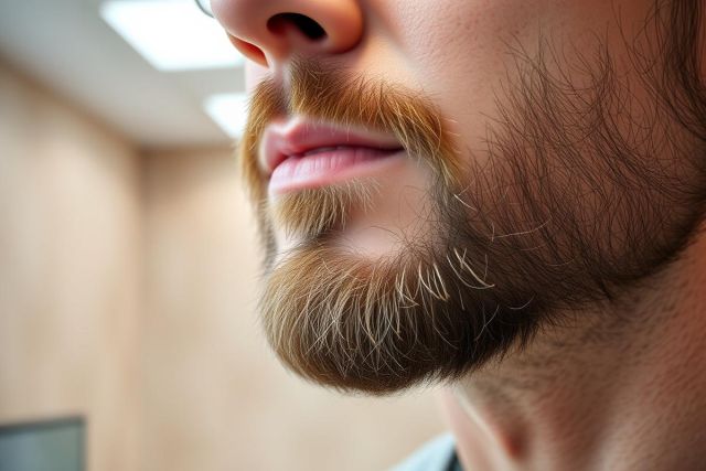 Close-up portrait showcasing a man's detailed brown beard and mustache. The image features a shallow depth of field with a neutral indoor background. Focus is on beard grooming and facial hair details, capturing a man's face in a modern, natural style.