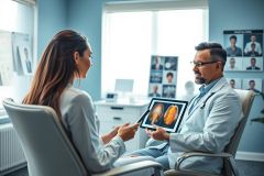 Doctor consults with a patient in a modern medical office. The physician, wearing a white coat, shows a brain scan on a tablet. Blue and neutral tones dominate the room, creating a professional and calming atmosphere. Healthcare, diagnosis, and medical imaging are key themes.