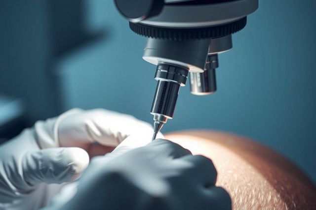 Close-up of gloved hands operating a precision instrument, likely in a lab setting. Focus on detail, with a dark background and focused lighting. Suggests scientific research or delicate work.