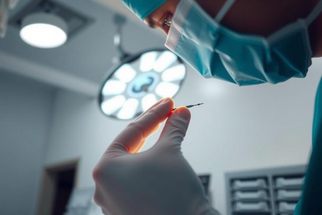 Surgical scene: a gloved hand holds a surgical instrument under bright operating room lights. Close-up, medical procedure, healthcare, sterile environment.