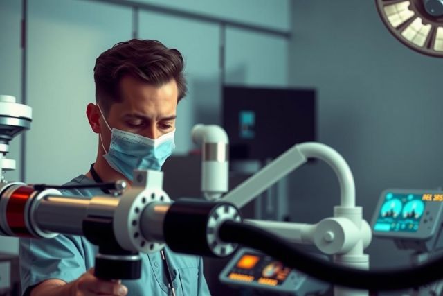 Surgeon wearing a mask in an operating room, focusing on a medical procedure. Sterile environment with surgical lights and equipment visible. Blue scrubs and a focused expression are key elements.