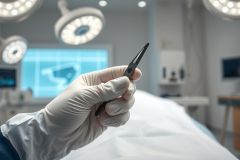 Close-up of a gloved hand holding surgical scissors in an operating room. Bright surgical lights illuminate the scene, with a blurred operating table and medical equipment in the background. A sterile, clinical environment with a focus on surgical tools and healthcare.