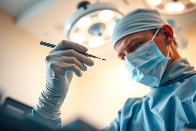 Surgeon in blue scrubs and mask holding a surgical instrument. Close-up view in a medical operating room setting with bright lights. Focus on precision and healthcare professionalism.