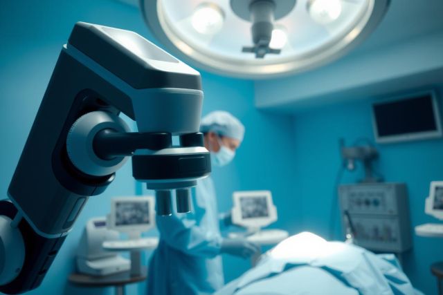 Surgical scene: Doctors in scrubs operate on a patient under bright lights in a modern operating room. Focus on precision and medical procedures. Blue and white tones dominate the sterile environment.
