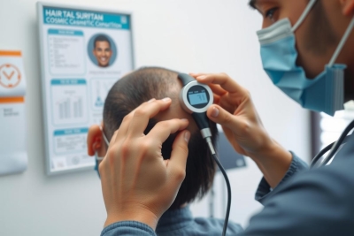 Doctor examines a patient's ear using an otoscope in a medical setting.  Wearing a mask, the healthcare professional provides attentive care, showcasing a focus on patient health and wellness.