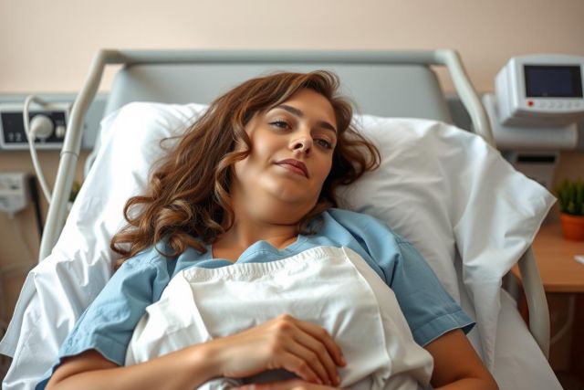 The image depicts a woman lying in a hospital bed, looking relaxed. She has dark hair and is wearing a white blanket over her. There are medical monitoring devices such as an ECG machine near her. The room appears to be well-lit and has a calm atmosphere.