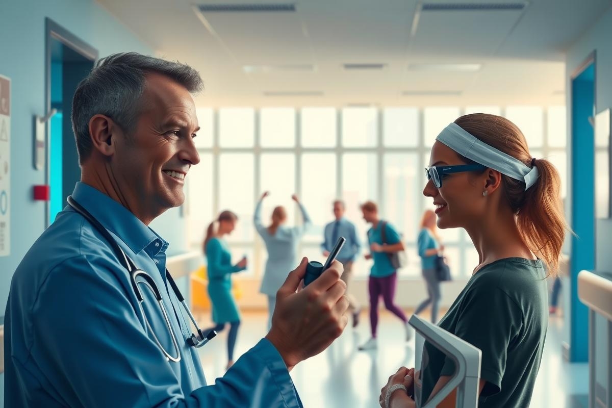 A medical professional, likely a doctor or nurse, is engaged in conversation with a patient. They are standing in what appears to be a hospital setting, possibly a waiting area or a clinic. The environment suggests a clean and modern healthcare facility with ample natural light streaming through the windows.