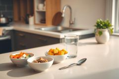 Healthy breakfast scene. Three bowls of food (fruit, cereal, and something else) sit on a light countertop with a spoon and glass of water. Bright, natural light creates a clean, minimalist vibe.