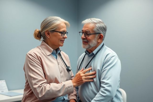 Doctor examining senior man's heart with stethoscope in a medical office. Healthcare scene featuring a female doctor and elderly patient, with a calming blue and pink color palette. Focus on preventative health and geriatric care.