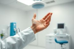 Medical examination scene: a hand with a small wound is shown in a sterile, bright white clinic. Focus is on the injury. Healthcare, injury, and medical setting are evident.