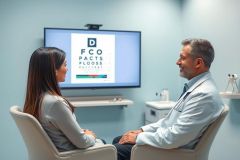 Eye exam scene: A female patient sits facing an optometrist in a modern, light blue clinic. A vision chart is displayed on a large screen behind them. Represents eye care, vision testing, and optical services in a healthcare setting.