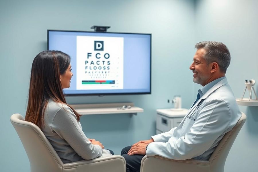 Eye exam scene: A female patient sits facing an optometrist in a modern, light blue clinic. A vision chart is displayed on a large screen behind them. Represents eye care, vision testing, and optical services in a healthcare setting.