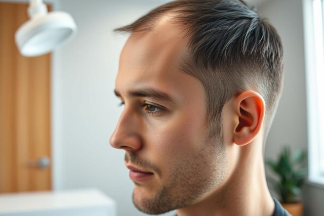 Close-up profile portrait of a young man with a modern haircut. Shot in a bright, modern medical or office setting with natural light. Focus on facial features and a clean, professional aesthetic. Suitable for stock photography related to men's grooming, healthcare, or business.
