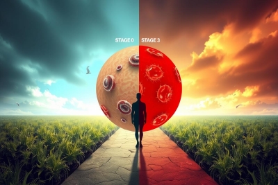 The image depicts a dramatic scene with an overcast sky, symbolizing a turning point or transition. A person is walking away from the viewer towards a red and white circular object that appears to be a planet or moon with biological textures on its surface. 