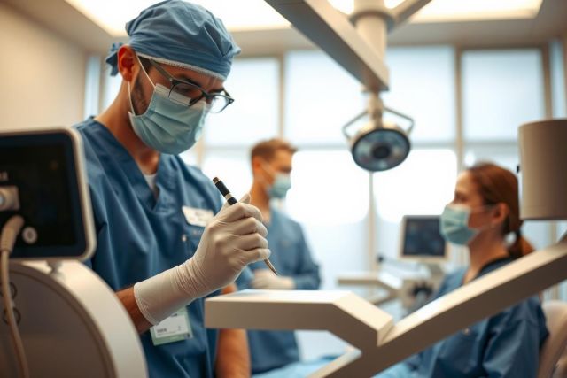 Medical professionals in scrubs and masks examining a patient in a brightly lit operating room. Focus on surgical procedure, healthcare setting, and teamwork.