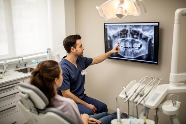 Dentist in clinic explaining a panoramic dental X-ray to a seated patient during a treatment consultation.