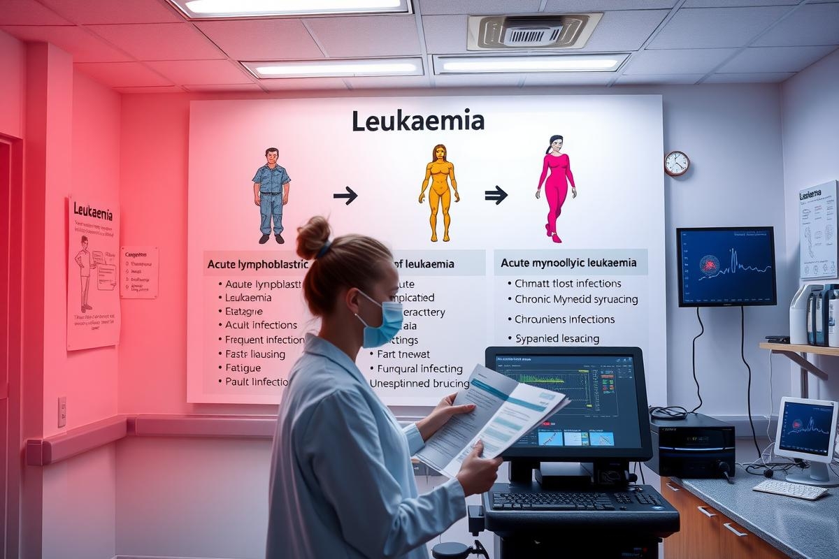 The image depicts an indoor healthcare environment with a medical professional, likely a nurse or doctor. The individual is wearing protective gear and a face mask, indicating a focus on hygiene and safety. On the wall behind them, there are educational posters about leukemia, which may suggest they are in a blood cancer unit of a hospital or healthcare facility.