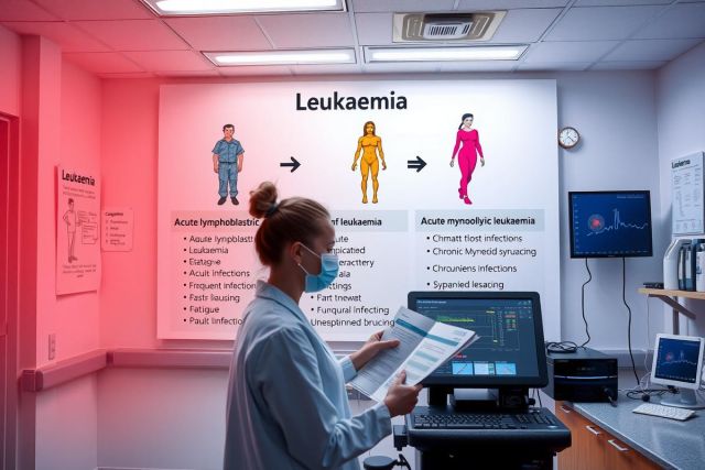 The image depicts an indoor healthcare environment with a medical professional, likely a nurse or doctor. The individual is wearing protective gear and a face mask, indicating a focus on hygiene and safety. On the wall behind them, there are educational posters about leukemia, which may suggest they are in a blood cancer unit of a hospital or healthcare facility. 