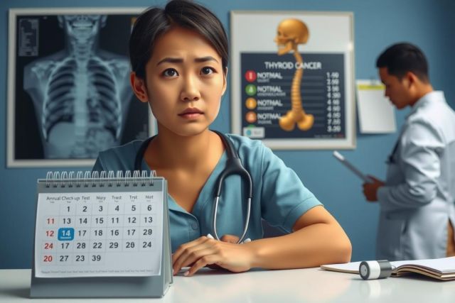 The image shows a female healthcare professional, possibly a nurse or doctor, sitting at a medical desk with a calendar. She is looking concerned, possibly indicating a busy schedule or critical appointment information on the calendar. In the background, another healthcare professional can be seen, seemingly engrossed in their work on a computer. The scene suggests a medical setting with a focus on patient care and scheduling.