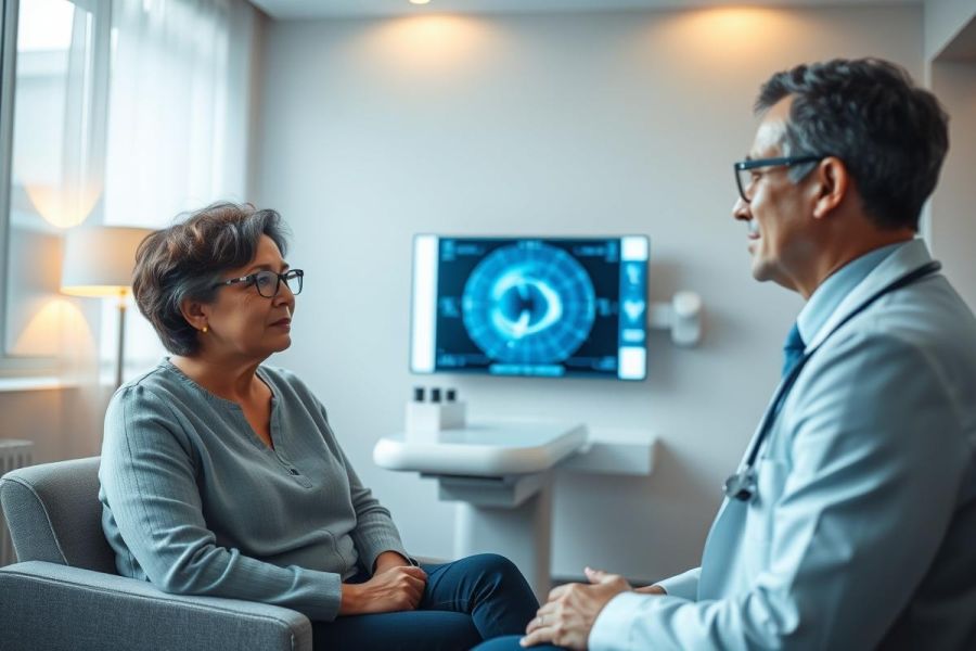 Doctor consults with a patient in a modern medical office. The scene features a concerned woman and a professional doctor, with a medical scan displayed on a wall screen. Warm lighting and neutral tones create a calm, healthcare setting. Focus on patient care and medical diagnostics.