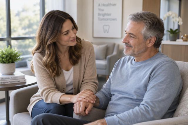 Middle-aged man and companion holding hands in a dental clinic waiting room, supportive pose.