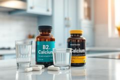 Close-up of calcium supplements and a glass of water on a kitchen counter. Two bottles of B2 Calcium are displayed alongside white pills and a clear glass. The scene features a bright, modern kitchen with light blue cabinets, promoting health and wellness.