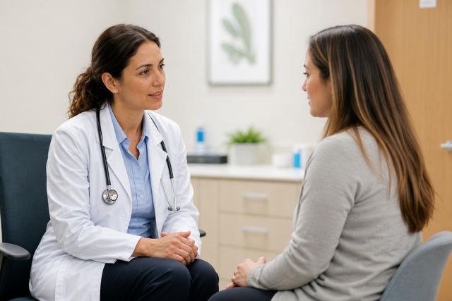 Doctor consulting with patient in a calm clinic exam room, discussing healthcare concerns.