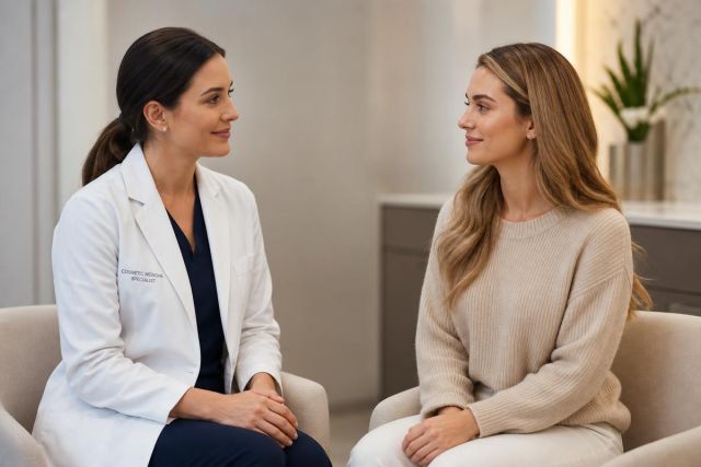 A cosmetic medicine specialist consulting a patient in a calm, modern clinic consultation room.