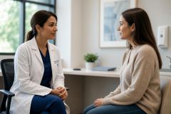Doctor and patient conversing in consultation room, calm clinical setting for pre-surgery discussion.
