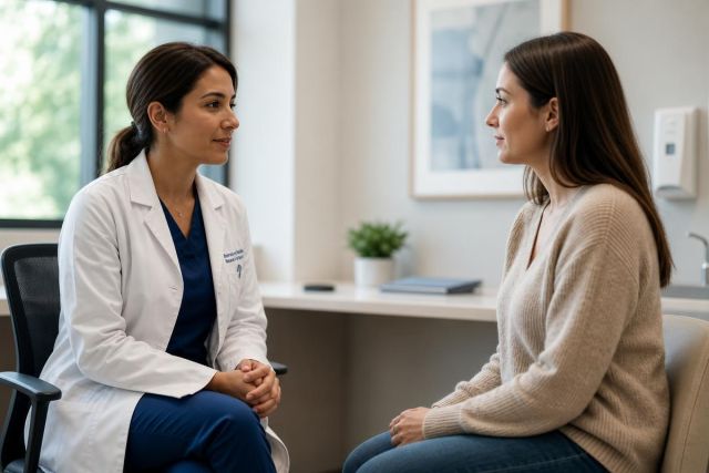Doctor and patient conversing in consultation room, calm clinical setting for pre-surgery discussion.