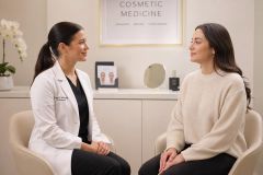 Clinician in white coat consulting a patient in a calm cosmetic medicine clinic.