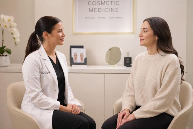 Clinician in white coat consulting a patient in a calm cosmetic medicine clinic.