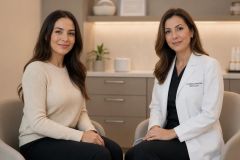 Patient consultation in a cosmetic clinic, clinician and patient seated in a calm consultation room.