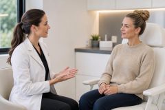 Doctor in white coat consulting a patient in a calm, modern cosmetic clinic.