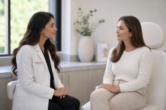Cosmetic surgeon consulting with patient in a calm clinic setting, discussing treatment options.
