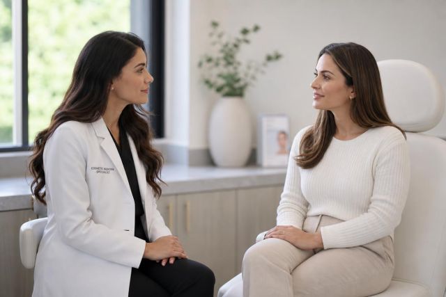 Cosmetic surgeon consulting with patient in a calm clinic setting, discussing treatment options.