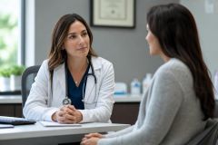 Doctor consulting patient in clinic office, calm professional setting for medical consultation.