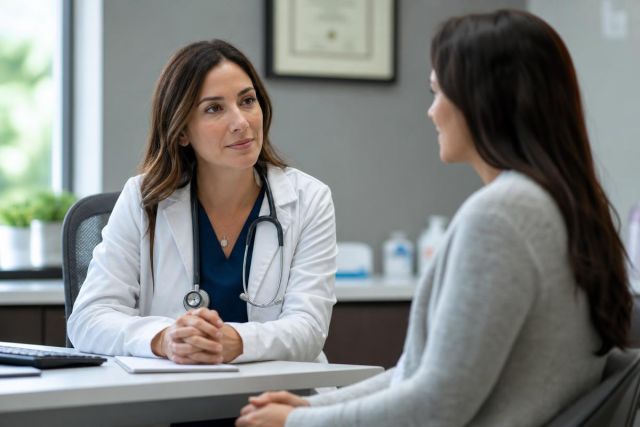 Doctor consulting patient in clinic office, calm professional setting for medical consultation.
