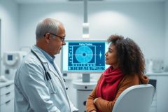 Doctor consults with a patient in a modern ophthalmology clinic. The image shows a male doctor in a white coat speaking to a female patient, with medical equipment and a screen displaying eye testing results in the background. Healthcare, eye care, consultation, and medical examination themes are prominent.