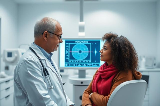 Doctor consults with a patient in a modern ophthalmology clinic. The image shows a male doctor in a white coat speaking to a female patient, with medical equipment and a screen displaying eye testing results in the background. Healthcare, eye care, consultation, and medical examination themes are prominent.