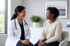 Clinician consulting a patient in a calm clinic room, conveying professional discussion about care or costs.