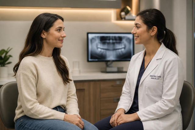 Dentist consulting with patient in dental office with dental X-ray visible behind them.