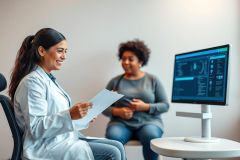 Doctor discussing medical results with a patient in a bright, modern clinic. The image features a healthcare professional reviewing paperwork while a woman sits attentively. A computer monitor displays medical data, suggesting a consultation or diagnosis. Focus on healthcare, patient care, and medical technology.
