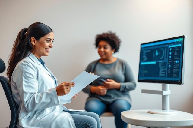 Doctor discussing medical results with a patient in a bright, modern clinic. The image features a healthcare professional reviewing paperwork while a woman sits attentively. A computer monitor displays medical data, suggesting a consultation or diagnosis. Focus on healthcare, patient care, and medical technology.