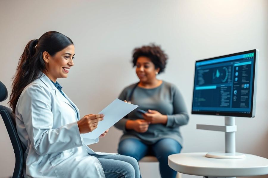 Doctor discussing medical results with a patient in a bright, modern clinic. The image features a healthcare professional reviewing paperwork while a woman sits attentively. A computer monitor displays medical data, suggesting a consultation or diagnosis. Focus on healthcare, patient care, and medical technology.